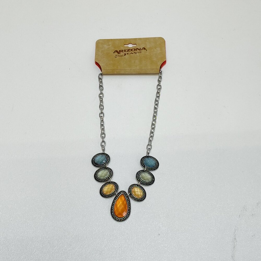 Arizona Jean Co. Necklace Multicolor Pendant Statement Silver Tone Chain 16 Inch